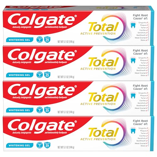 A daily essential for whitening & protection — Colgate Total Active Prevention Whitening Gel Toothpaste with Fluoride, Mint, 4-Pack (5.1 oz)