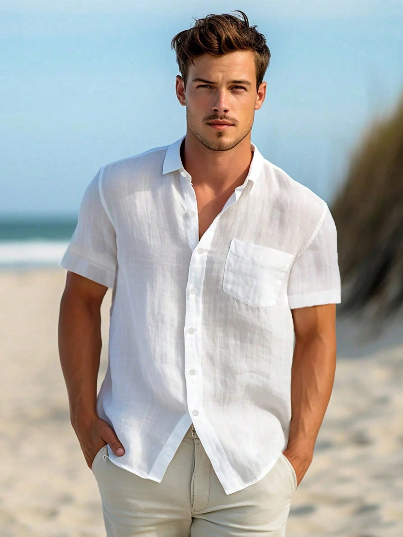 A go-anywhere pick for summer: Men's Short-Sleeve White Shacket — Casual Hawaiian Resort Beach Shirt