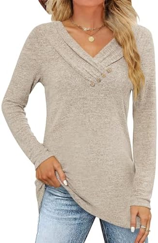 Fisoew Womens Long Sleeve V Neck Button Down Casual Tunic Tops