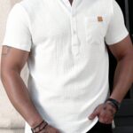 Manfinity Homme High Quality 100% Cotton Men's Solid Color Shirt, Stand-Up Collar Casual Short Sleev