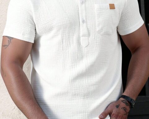 Manfinity Homme High Quality 100% Cotton Men's Solid Color Shirt, Stand-Up Collar Casual Short Sleev