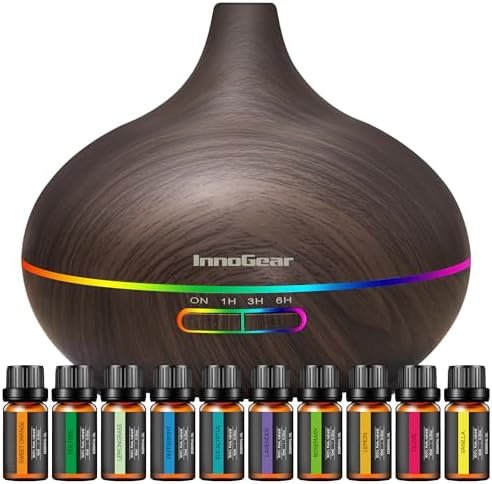 A thoughtful gift for home: 400ml Ultrasonic Aromatherapy Diffuser + 10 Essential Oils — Cool Mist Humidifier, 4 Timers, 2 Mist Levels, 7-Color LED, Auto-Off (Dark Wood Grain)