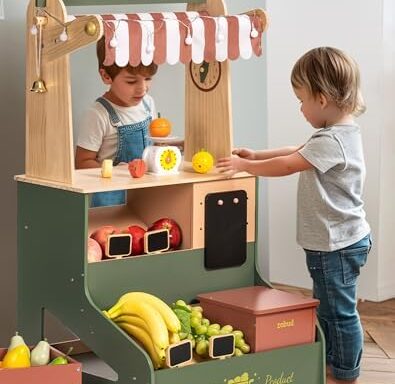 A great choice for imaginative play — Wooden Grocery Store Playset with LED Lights, Interactive Supermarket Stand, Vintage Green, Ages 3+