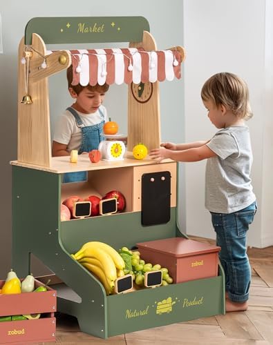 A great choice for imaginative play — Wooden Grocery Store Playset with LED Lights, Interactive Supermarket Stand, Vintage Green, Ages 3+