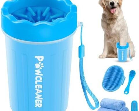 A handy 7-in-1 Dog & Cat Paw Cleaner — Portable Paw Washer, Bath Brush, 2 Toothbrushes & 3 Absorbent Towels (Medium, fits 1.5–2.5 in) — Blue