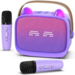 A go-anywhere pick for kids — Mini Karaoke Machine with Bluetooth 5.3, 2 Wireless Mics, RGB LED, MP3/TF/AUX, Vocal Effects (Purple)