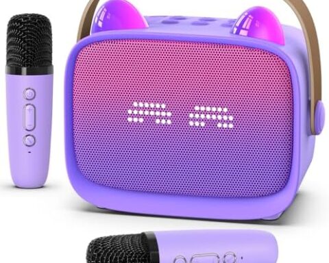 A go-anywhere pick for kids — Mini Karaoke Machine with Bluetooth 5.3, 2 Wireless Mics, RGB LED, MP3/TF/AUX, Vocal Effects (Purple)