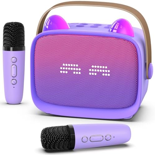 A go-anywhere pick for kids — Mini Karaoke Machine with Bluetooth 5.3, 2 Wireless Mics, RGB LED, MP3/TF/AUX, Vocal Effects (Purple)