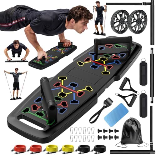 Push Up Board,Home Gym,Portable Exercise Equipment,Pilates Bar and 20 Fitness Accessories with Resis