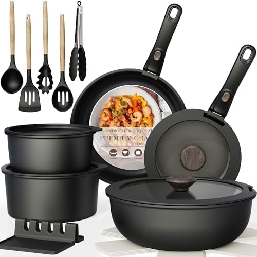 A practical gift for home cooks — 21-Piece Ceramic Nonstick Cookware Set with Detachable Handle, Induction & Oven Safe, Stackable (Black)