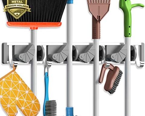 A smart pick for tidy homes — 4-Position Wall-Mount Mop & Broom Organizer, Metal with Spring-Loaded Rubber Grips + 4 Hooks (Silver, holds up to 40 lb)