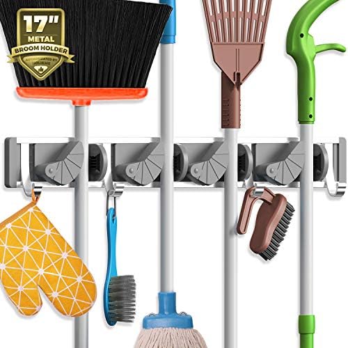 A smart pick for tidy homes — 4-Position Wall-Mount Mop & Broom Organizer, Metal with Spring-Loaded Rubber Grips + 4 Hooks (Silver, holds up to 40 lb)