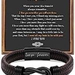 A thoughtful gift for him: Infinity braided brown leather bracelet with stainless-steel accents, "Love You Forever" engraving — fits 7.5/8.5/9 in