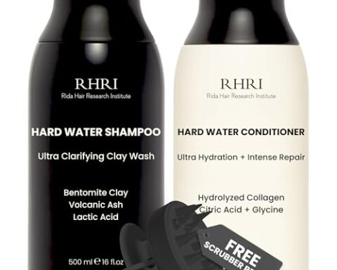 A smart pick for hard water - Shampoo & Conditioner Set, Clarifying Bentonite Clay + Volcanic Ash Detox with Collagen, 32 fl oz (with scalp scrubber)