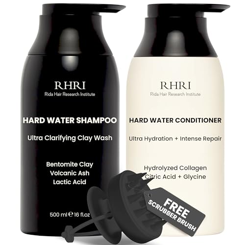 A smart pick for hard water - Shampoo & Conditioner Set, Clarifying Bentonite Clay + Volcanic Ash Detox with Collagen, 32 fl oz (with scalp scrubber)