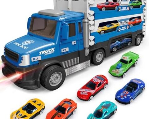 A great choice for little racers — 6-in-1 Transport & Police Carrier with 6 Metal Race Cars, Lights & Sounds (Blue, Ages 3–8)
