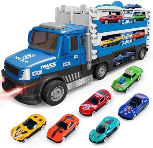A great choice for little racers — 6-in-1 Transport & Police Carrier with 6 Metal Race Cars, Lights & Sounds (Blue, Ages 3–8)