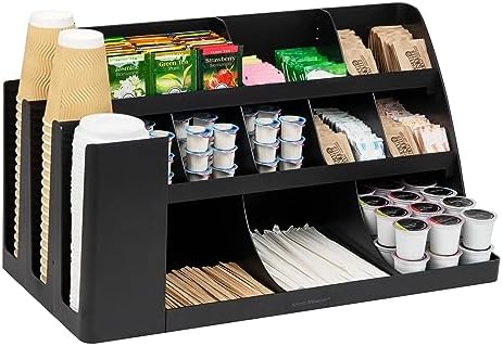 A smart pick for coffee bars: 3-Tier 14-Compartment Cup & Condiment Station Organizer, Black, 24 x 11.5 x 12.5 in