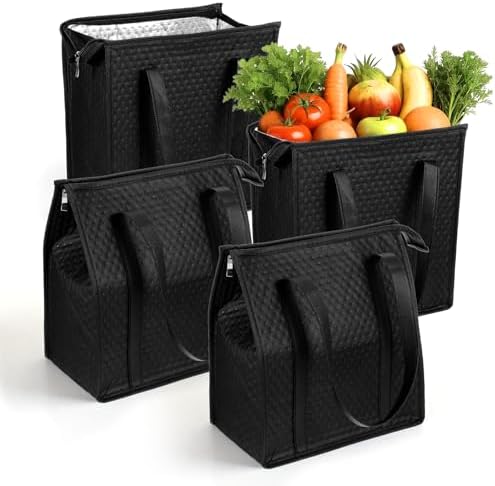 A practical 4-pack insulated reusable grocery bags — thermal cooler totes with zippered top & reinforced handles (Black)