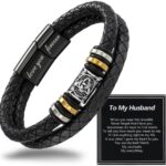 A thoughtful gift for men — Black leather bracelet with double-row braided stainless steel, 'Love You Forever' engraved (son & grandson)