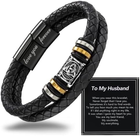 A thoughtful gift for men — Black leather bracelet with double-row braided stainless steel, 'Love You Forever' engraved (son & grandson)