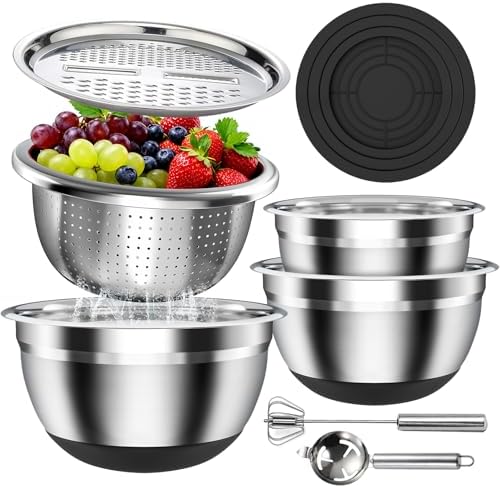 A great choice for home cooks — Stainless Steel 7‑Piece Nesting Mixing Bowl Set (1.5, 2, 2.5, 4.5 QT) with Lids & Non‑Slip Silicone Bases, Includes 3.2 QT Colander, Grater, Whisk & Egg Separator