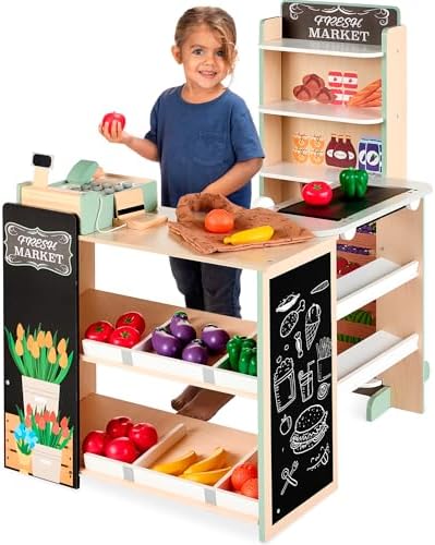 A great choice for imaginative play — Wooden Supermarket Grocery Playset for Kids with Working Conveyor, Cash Register, Chalkboard & 40+ Pieces