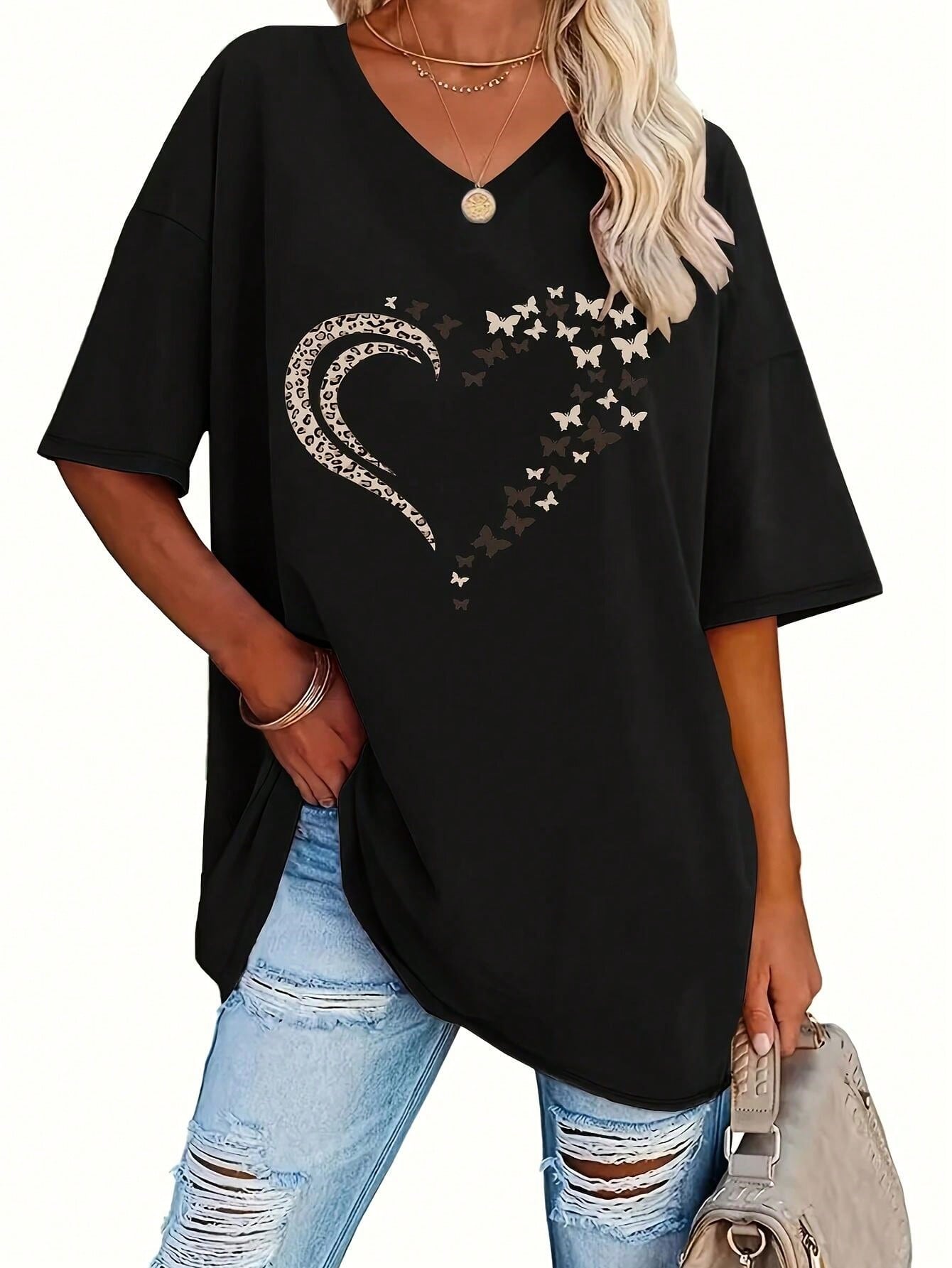 EMERY ROSE Popular Spring And Summer Women'S V-Neck Short-Sleeve Loose Heart T-Shirt Top From Europe