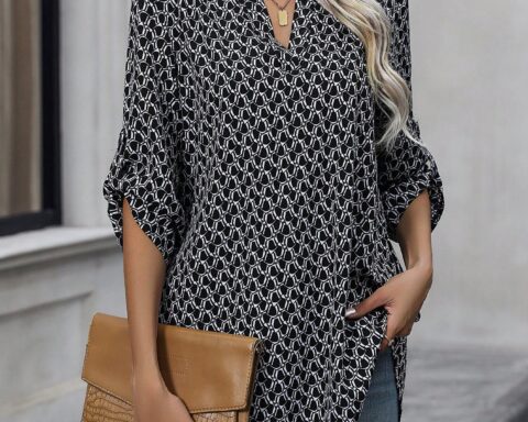 EMERY ROSE Allover Print Roll Up Sleeve Curved Hem Blouse Fall Cloth For Women