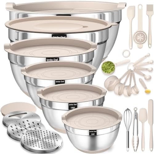A smart pick for busy cooks — 26pc Stainless Steel Khaki Mixing Bowls (1–7 QT) with Airtight Lids, 3 Grater Attachments & Non‑Slip Bases