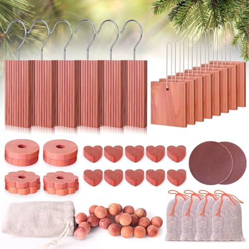 Woodever Cedar Blocks for Clothes Storage 56 Pcs, 100% Aromatic Planks with Metal Hooks, Cedar Wood