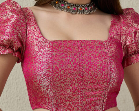 Fuschia Pink Puff Sleeves Brocade Corset Top