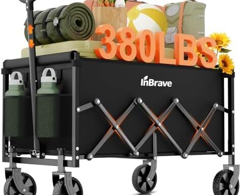Collapsible Wagon Cart Foldable Beach Wagon with All-Terrain Wheels - 380 LBS Heavy Duty Grocery Cart for Shopping, Beach, Camping, Sports, Garden (Black)