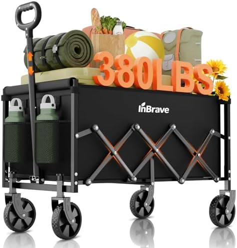 Collapsible Wagon Cart Foldable Beach Wagon with All-Terrain Wheels - 380 LBS Heavy Duty Grocery Cart for Shopping, Beach, Camping, Sports, Garden (Black)
