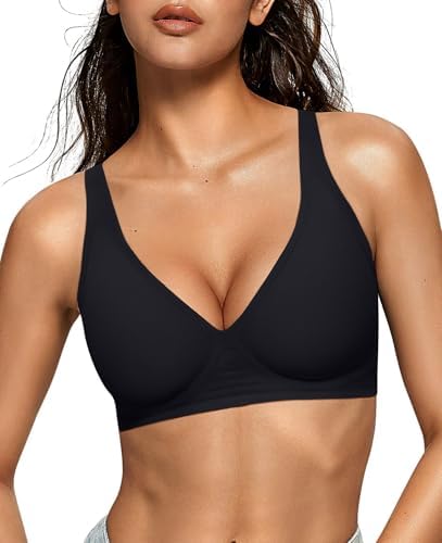 OEAK Womens Deep V Bras Wireless Comfortable Bra Supportive No Underwire Bras Tshirt Push Up Bralett