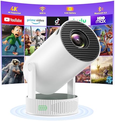 Mini Projector with Built-in Rechargeable Battery, WiFi and Bluetooth, 4K for Bedroom, for Outdoor