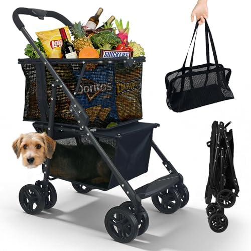 A smart pick for errands: 2‑in‑1 Folding Shopping Cart & Pet Stroller — 110 lb Capacity, Detachable Upper Basket, Single‑Hand Fold, Fits Pets to 55 lb