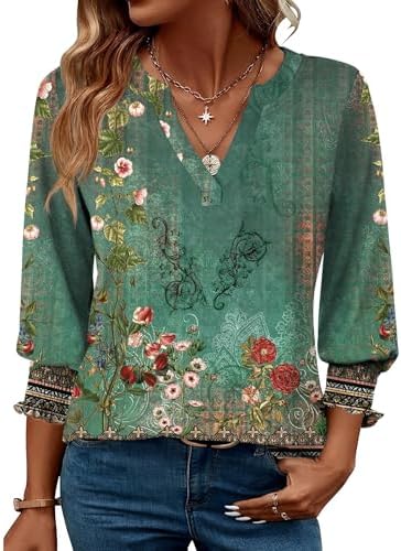 Rapbin Women's 3/4 Sleeve V Neck Tunic Tops Loose Elegant Casual Blouse
