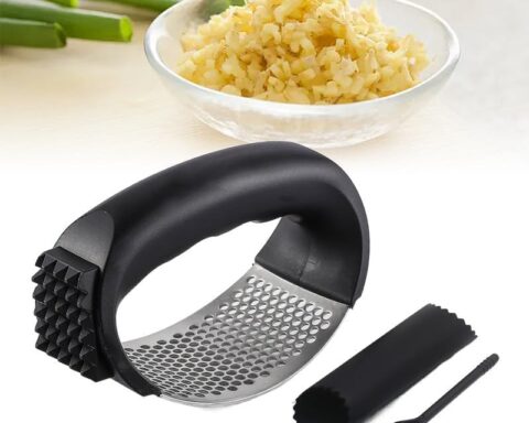 A practical gift for cooks — Upgraded Stainless Steel Garlic Rocker Press with Built-In Peeler & Cleaning Brush (Black)