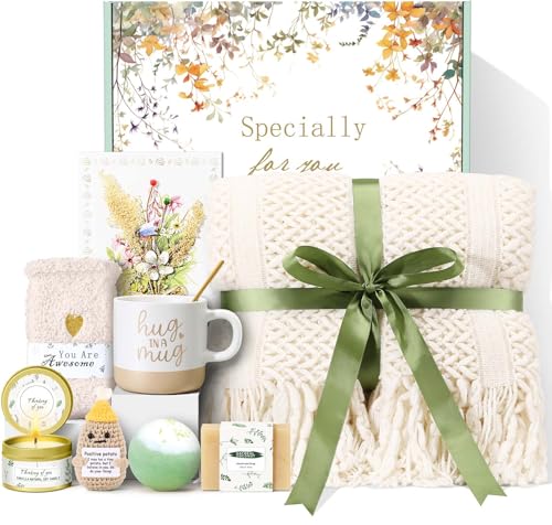 A thoughtful gift for her — self-care spa basket with ultra-soft knitted tassel blanket, ceramic mug, vanilla candle & bath treats