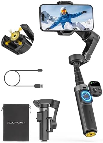 AOCHUAN Smart X3 360° Pan Rotation Gimbal Stabilizer for iPhone, Magnetic Remote Control, 3-Axis Stabilizer w/Built-in Extension Rod & One-Touch Open Tripod, Foldable Phone Gimbal for Vlogging, Travel