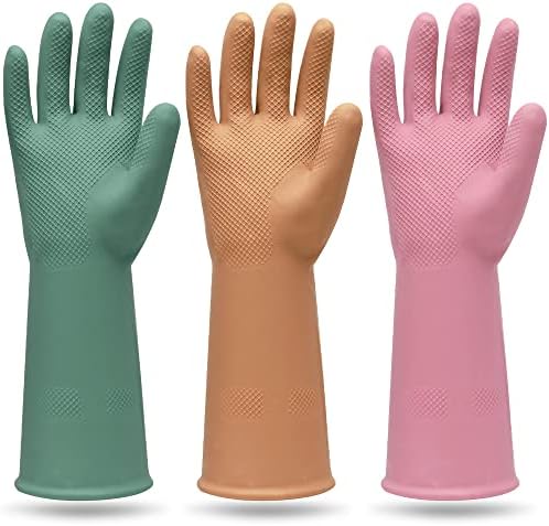 A smart pick for busy kitchens — 3 pairs of colorful reusable waterproof rubber dishwashing gloves, non-slip