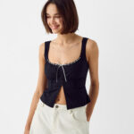 Contrast Piping Corset Top In Black