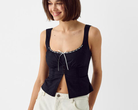 Contrast Piping Corset Top In Black