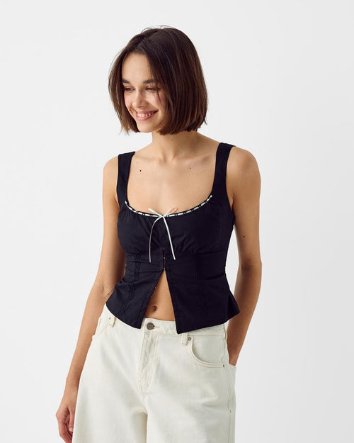 Contrast Piping Corset Top In Black