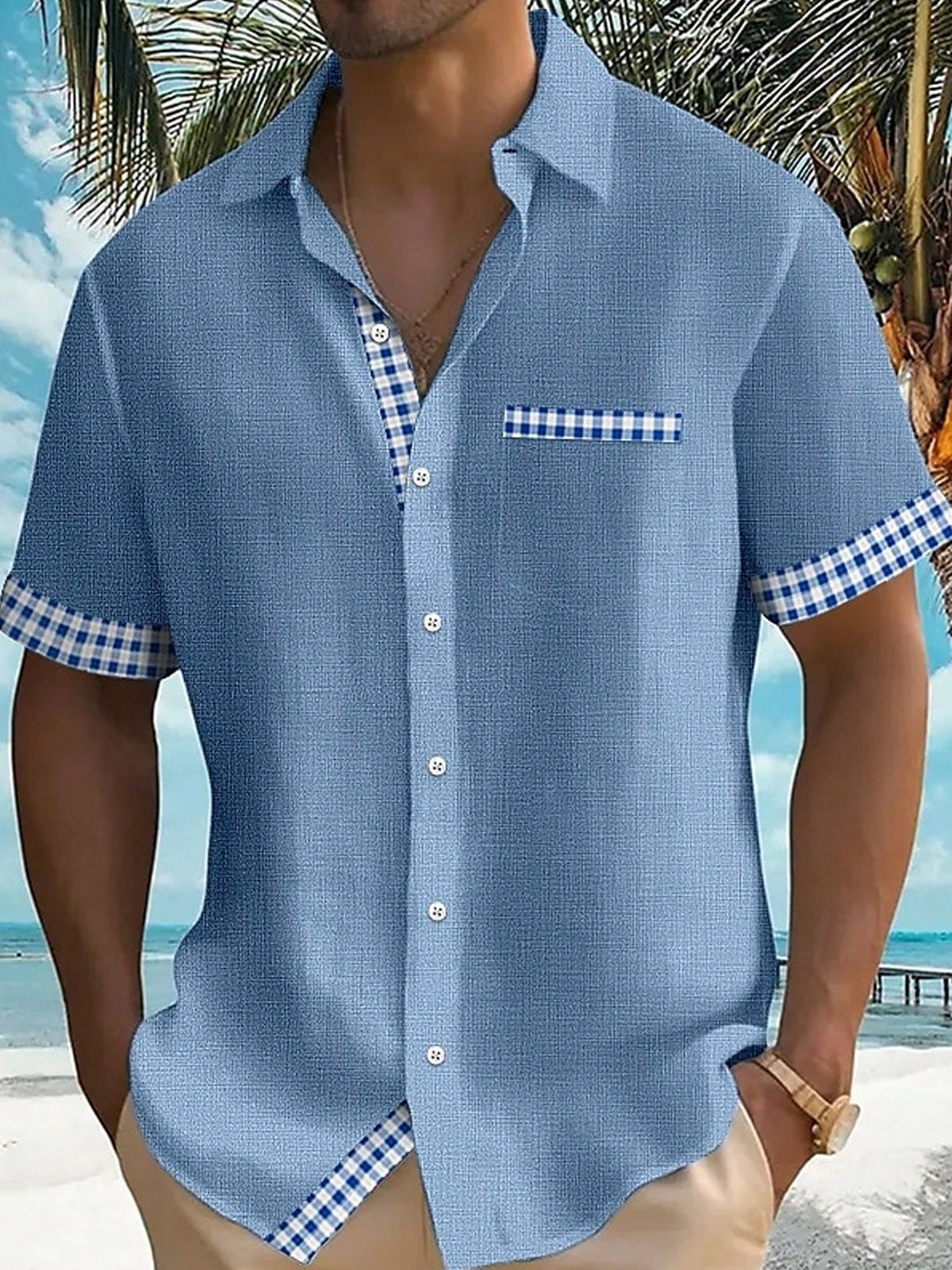 Plus Size Men's Casual Basic Plaid Textured Print Button Pocket Short Sleeve Shirt