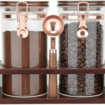 A stylish way to store coffee — 2 x 40 fl oz Glass Storage Jars with Wooden Shelf, Airtight Stainless Clips & Rose Gold Spoon