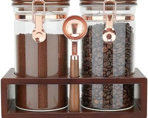 A stylish way to store coffee — 2 x 40 fl oz Glass Storage Jars with Wooden Shelf, Airtight Stainless Clips & Rose Gold Spoon