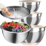 A great choice for home cooks — Stainless Steel Nesting Mixing Bowl Set (1.5, 2.5, 5 QT) with Airtight Lids, Colander & 4‑in‑1 Grater, Non‑Slip Bases — Khaki
