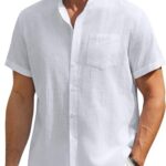 Enlision Linen Shirt Short Sleeve Shirt Men Casual Collarless Summer Henley Shirts Coton Solid Color